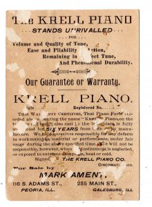 GALESBURG & PEORIA ILLINOIS*THE KRELL PIANO*CINCINNATI OHIO*VICTORIAN TRADE CARD