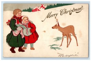 1906 Merry Christmas Mother And Daughter Scared To Deer Embossed Postcard