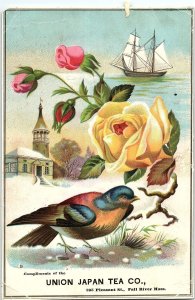 c1880 UNION JAPAN TEA CO FALL RIVER MASS BIRD SHIP ROSE CHURCH TRADE CARD 40-149