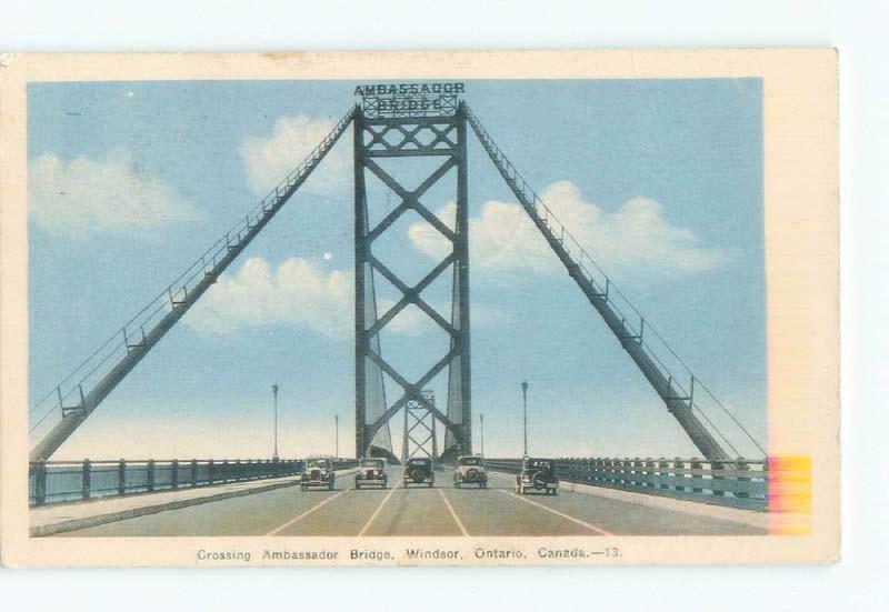 1930's OLD CARS UNDER AMBASSADOR BRIDGE SIGN Windsor Ontario ON d5183