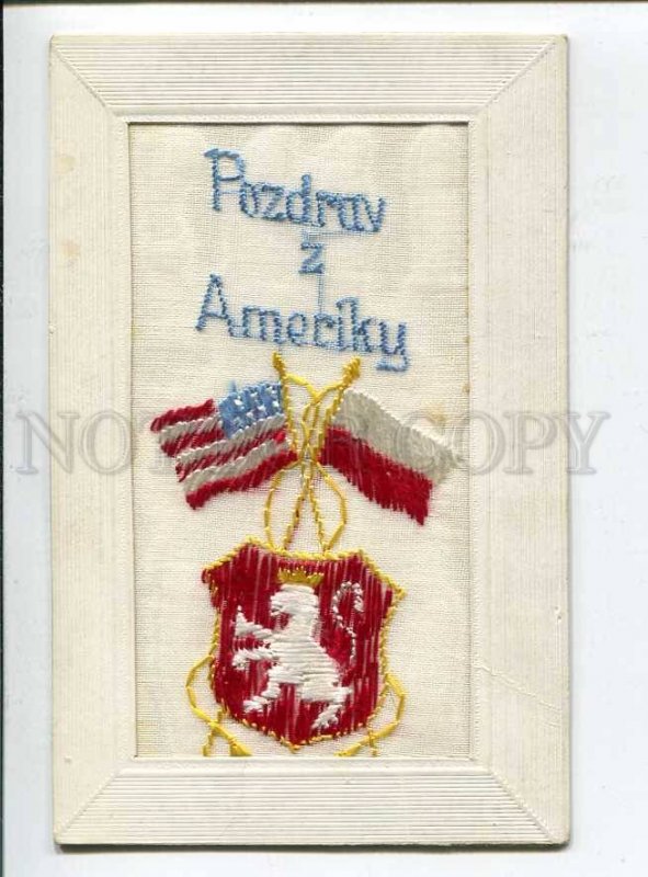 415886 POLAND Greetings from USA FLAGS Vintage embroidery on silk postcard