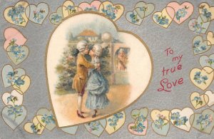 TO MY TRUE LOVE ROMANCE VALENTINE HOLIDAY SILK EMBOSSED POSTCARD (c. 1910)