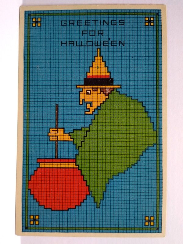 Halloween Postcard Checkered Witch Fantasy Cauldron Grid Pattern Gibson 6936