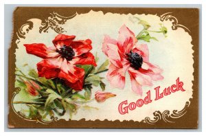 Vintage 1910's Greetings Postcard Good Luck Pink Red Flowers Gold Border NICE