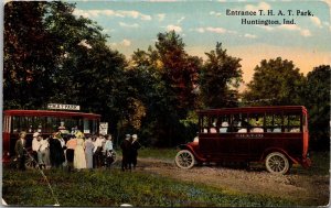 Buses at Entrance to T.H.A.T. Park, Huntington IN Vintage Postcard V51