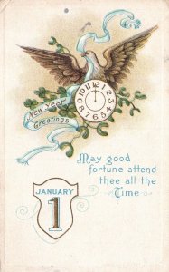 Vintage Postcard 1914 New Year Greetings May Good Fortune Attend All The Time