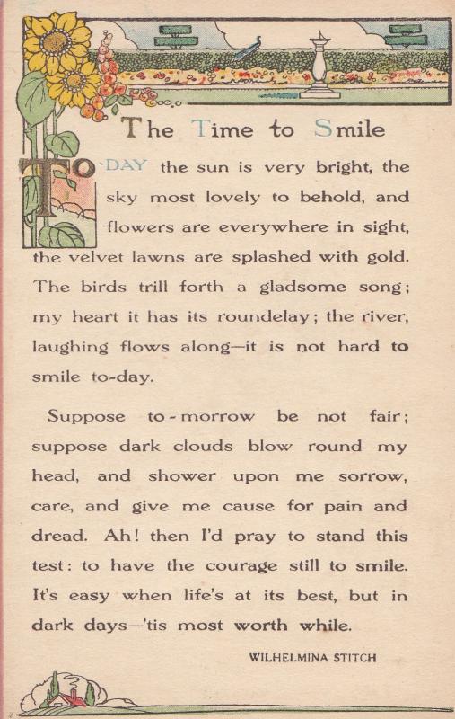 Wilhelmina Stitch Time To Smile Colour Of Flowers Birds Proverb Songcard Post...