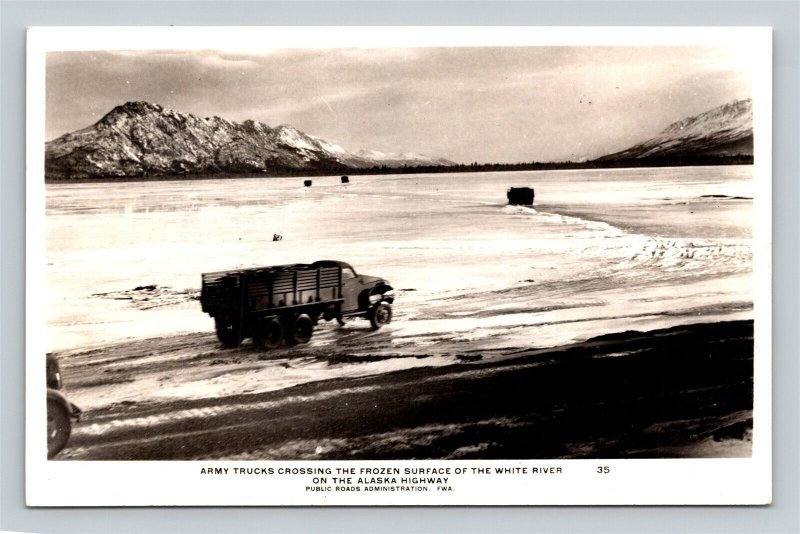 RPPC Army Trucks Crossing Frozen White River Alaska Highway Real Photo Postcard