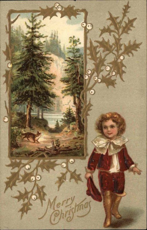 Christmas Little Boy Brown Suit Children's Vintage Clothing c1910 Postcard