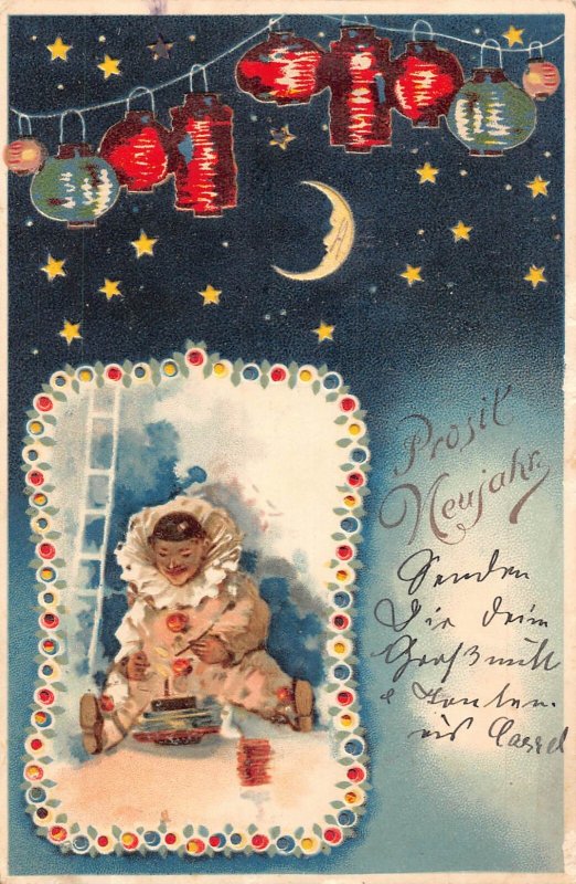 B133 New Year 1901 Pierrot Candle Paper Lamp Humanized Moon Stars postcard