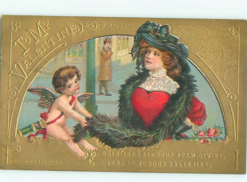 Pre-Linen Valentine PRETTY GIRL WITH FUR SCARF AND CUPID AB2728