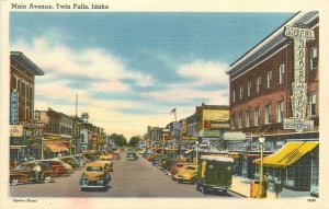 Postcard 1940s Idaho Twin Falls Main Avenue autos Otto News Tichnor ID24-4558