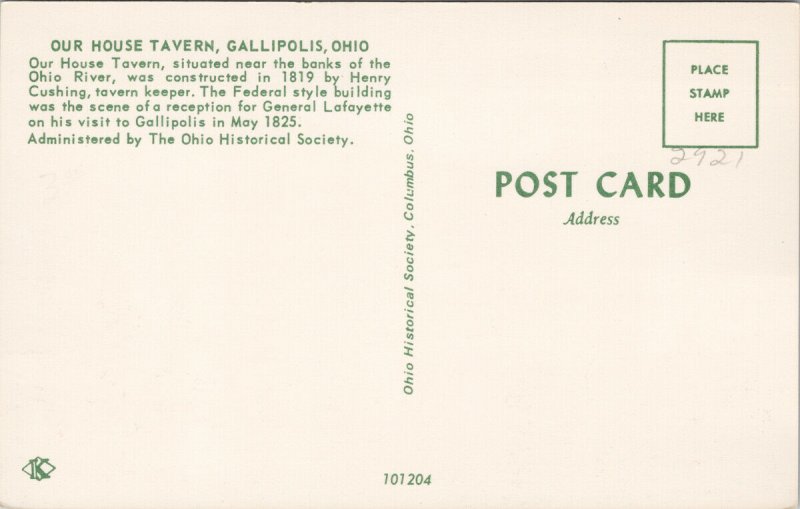 Old House Tavern Gallipolis OH Ohio Historical Society Unused Postcard H11