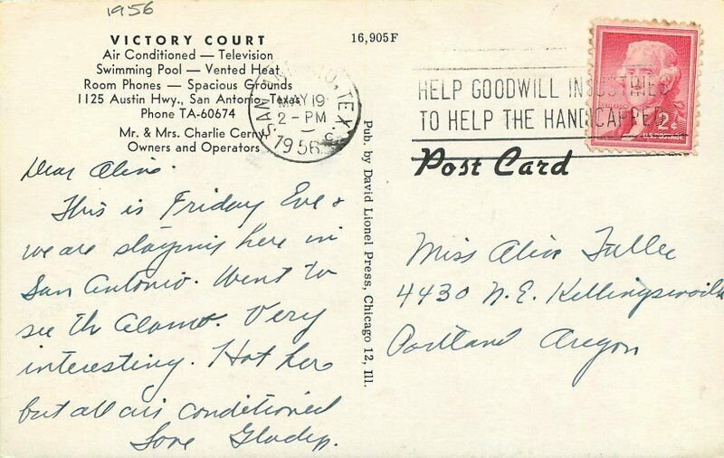 Victory Court roadside San Antonio Texas Lionel Press Postcard 21-3580