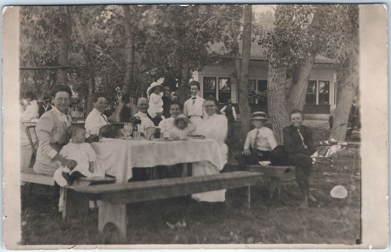 c1910s Outdoor Family Picnic RPPC Classy Women & Children Table Real Photo A173
