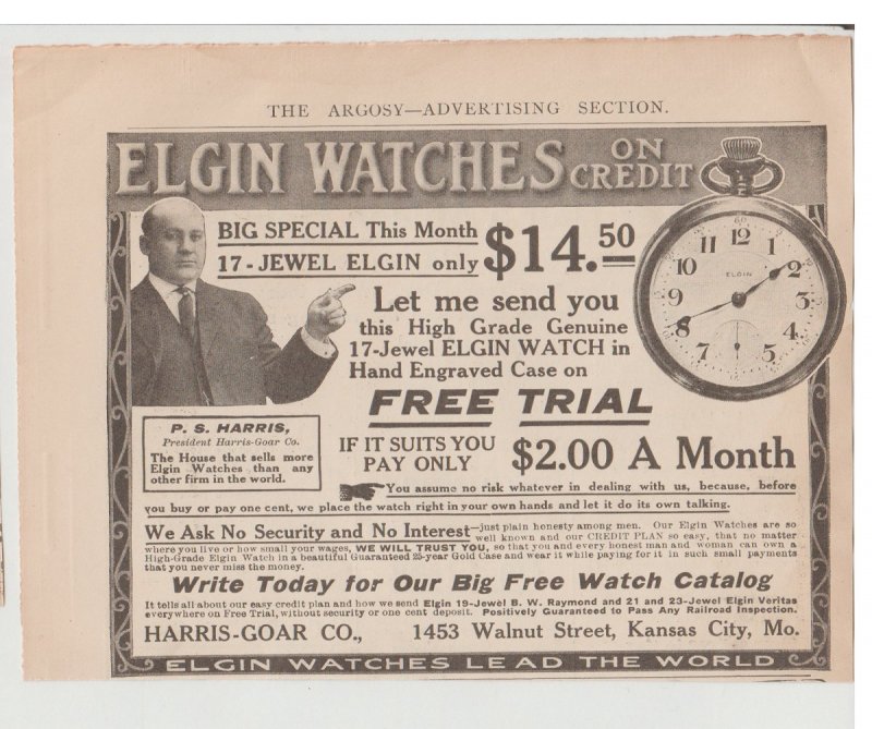 Elgin Watches on Credit 1910 Ad, Harris-Goar 1453 Walnut St, Kansas City Mo