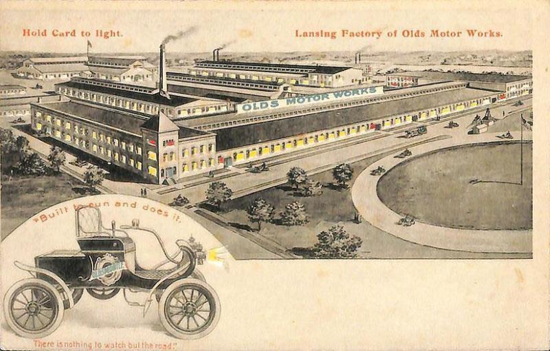 Lansing MI Oldsmobile Car and Factory H-T-L Hold to Light Postcard