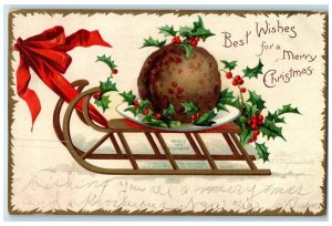 1907 Christmas Cat Mutton Pie Holly Berries Ellen Clapsaddle Embossed Postcard