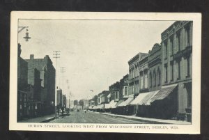 BERLIN WISCONSIN DOWNTOWN HURON STREET SCENE STORES VINTAGE POSTCARD