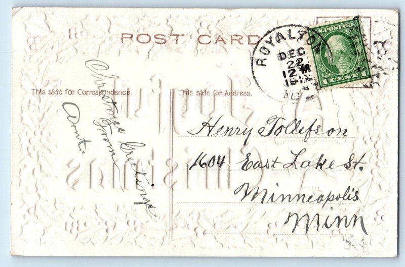 1913 Christmas Big Letters Holly Berries Embossed Minneapolis MN Posted Postcard
