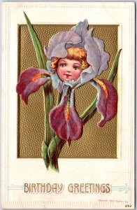 1910's Birthday Greetings Face on Flower Large Petal Greetings Posted Postcard