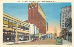 Linen Postcard; View East on 4th Street, Winston-Salem NC Forsyth Co. Unposted