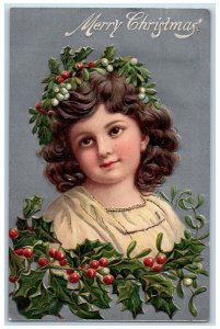 1907 Christmas Pretty Girl Curly Hair Holly Embossed Chambersburg PA Postcard