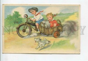 436120 Kids on Motorcycle motorbike Sidecar & TERRIER by LYDT Old postcard