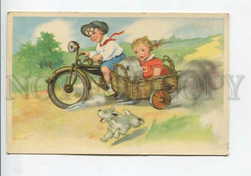 436120 Kids on Motorcycle motorbike Sidecar & TERRIER by LYDT Old postcard