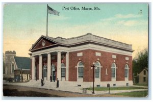 1913 Post Office Building US Flag Gentleman On Stairs Macon Missouri MO Postcard