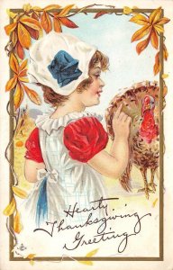 Hearty Thanksgiving Greetings Girl & Turkey ca 1910s Embossed Antique Postcard