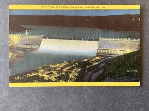 Night View Grand Coulee Dam WA Linen Postcard H2130081049
