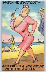 c1930's Fat Woman Watch Me Bust Out Beach Bathing Beauty Lighthouse Postcard