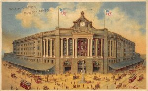 Boston Massachusetts 1913 Postcard South Station Train Depot Streetcars