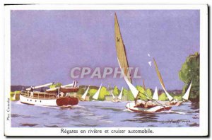 Old Postcard Fantasy Illustrator Haffner Boat Regattas in river and motor cru...