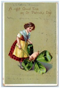 1907 St. Patrick's Day Girl Holding Shamrock Pig Albany NY Tuck's Postcard