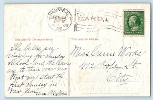 Christmas Postcard Angel Cherub Ringing Bells Holly Berries Hannibal MO 1909