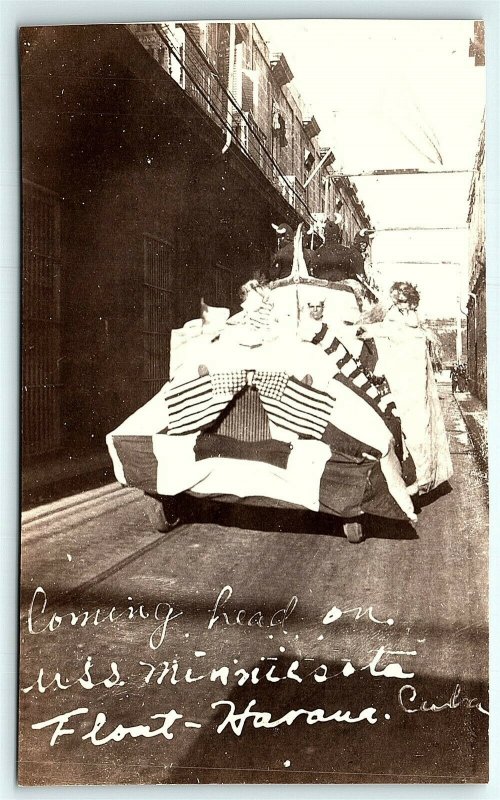 VTG Postcard RPPC Real Photo Parade Float Havana Cuba USS Minnesota USA Flag A7