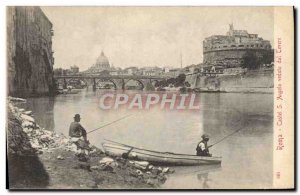 Old Postcard Roma Castel Angelo Veduto dal Tevere Fishing Fisherman