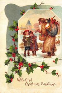 With Glad Christmas Brown Suited Santa Claus Young Girls Germany Postcard