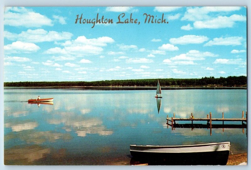 Houghton Lake Michigan Postcard Vacationland Scene Sky Blue Lake c1960 Vintage