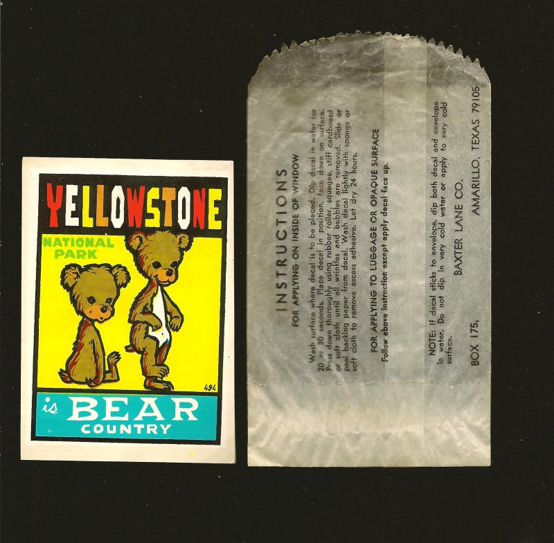 Vintage Yellowstone National Park is Bear Country Window Sticker Unused