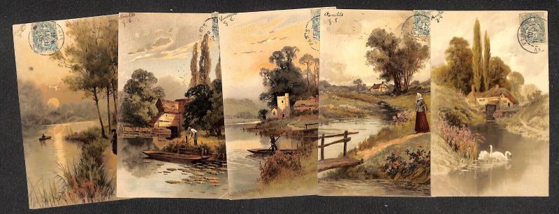 For quiet hours Meissner & Buch, Leipzig lot of 5 fine art postcard 1905 Germany