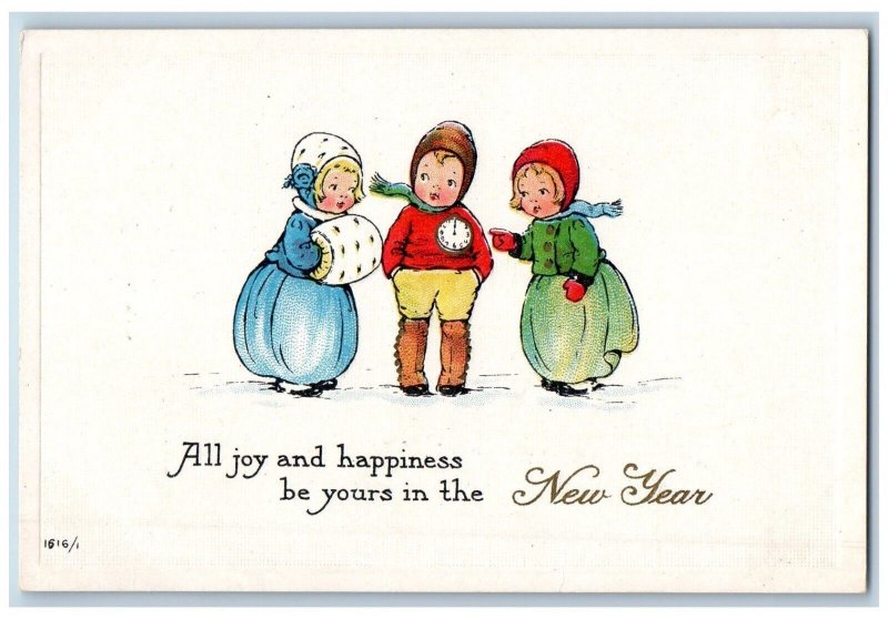 New Year Postcard Children With Handwarmer And Clock Embossed c1910's Antique