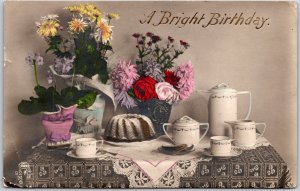 1908 A Bright Birthday Flowers & Food On Table Greetings Posted Postcard