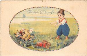 BG4428 rabbit pulling a cart with chick boy ostern easter   germany  greetings