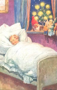 Unsigned Artist Christmas Greetings Sleeping Boy Elf Postcard 