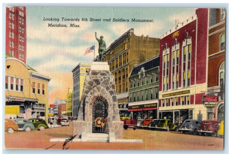 Looking Towards 6TH Street And Soldiers Monument Meridian Mississippi Postcard