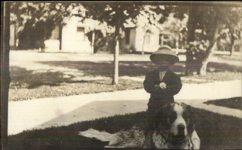 Little Boy & St. Bernard Dog c1910 Real Photo Postcard