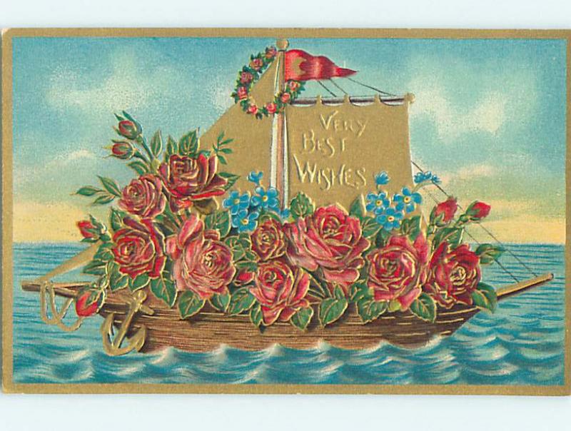 Pre-Linen fantasy nautical ROSE AND FORGET-ME-NOT FLOWERS ON BOAT HJ3742